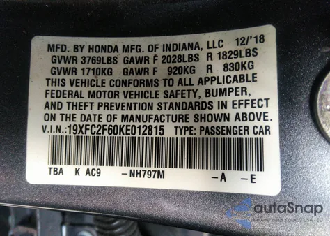 2019 Honda Civic Lx из США, поврежденный, VIN 19XFC2F60KE012815